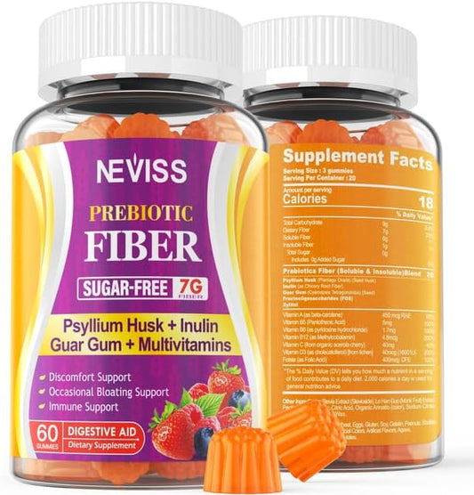 1Pack Fiber Gummies with Probiotics for Adults, 7G Soluble Fi ber + Insoluble Fi ber, Sugar Free with Psyllium Husk, Inulin, Fos, Multivitamins for Daily Digestive Health, Regularity Gut Support