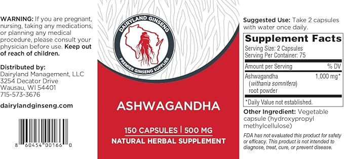 Dairyland Management Ashwagandha Capsules 150ct - 1000 mg per Serving Max Strength Ashwagandha Root Powder - Herbal Supplements and Extract