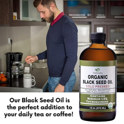 HalalEveryDay Organic Black Seed Oil - USDA Certified, Cold Pressed Glass Bottle 16oz - Over 1.5% Thymoquinone Turkish Black Cumin Nigella Sativa Non-GMO 100% Pure Blackseed Oil