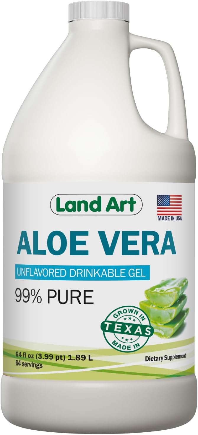 Land Art Pure Aloe Vera Drinkable Gel Unflavored - Cold-Processed Inner Filet - from Organic Fresh Leaves from Texas - for Heartburn Relief - Acid Reflux - 64 fl oz