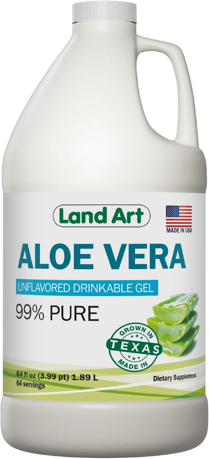 Land Art Pure Aloe Vera Drinkable Gel Unflavored - Cold-Processed Inner Filet - from Organic Fresh Leaves from Texas - for Heartburn Relief - Acid Reflux - 64 fl oz