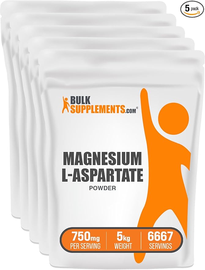 BulkSupplements.com Magnesium L-Aspartate Powder - High Absorption Magnesium, Magnesium Aspartate Powder - Gluten Free, 750mg (150mg of Magnesium) per Serving, 5kg (11 lbs) (Pack of 5)