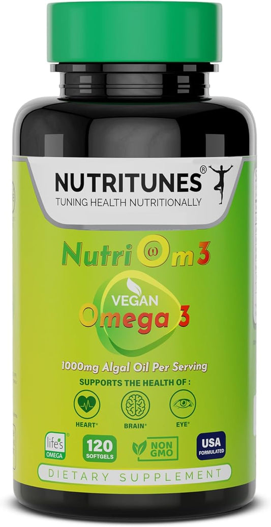 Vegan Omega 3 – Plant-Based DHA & EPA for Brain, Eye & Heart Health – 120 Softgels - NutriOm3 - made with Sustainably Sourced Premium Algal life’s OMEGA with SeaGel technology - Non-GMO, Allergen Free