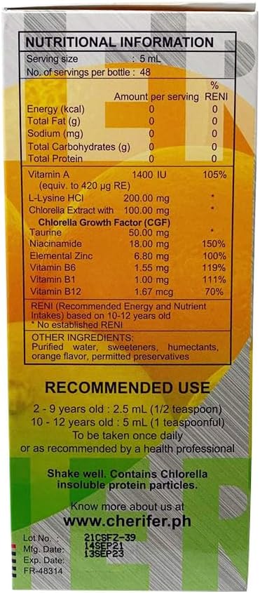 Cherifer Forte Syrup Fortified with Zinc with Taurine and Double Chlorella Growth Factor + Zinc Orange Flavor 240 ml