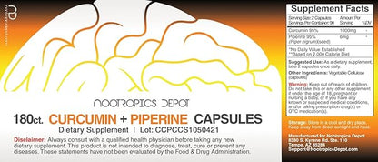 Nootropics Depot Curcumin + Piperine Capsules | 1000mg Curcumin + 6mg Piperine | 180 Count