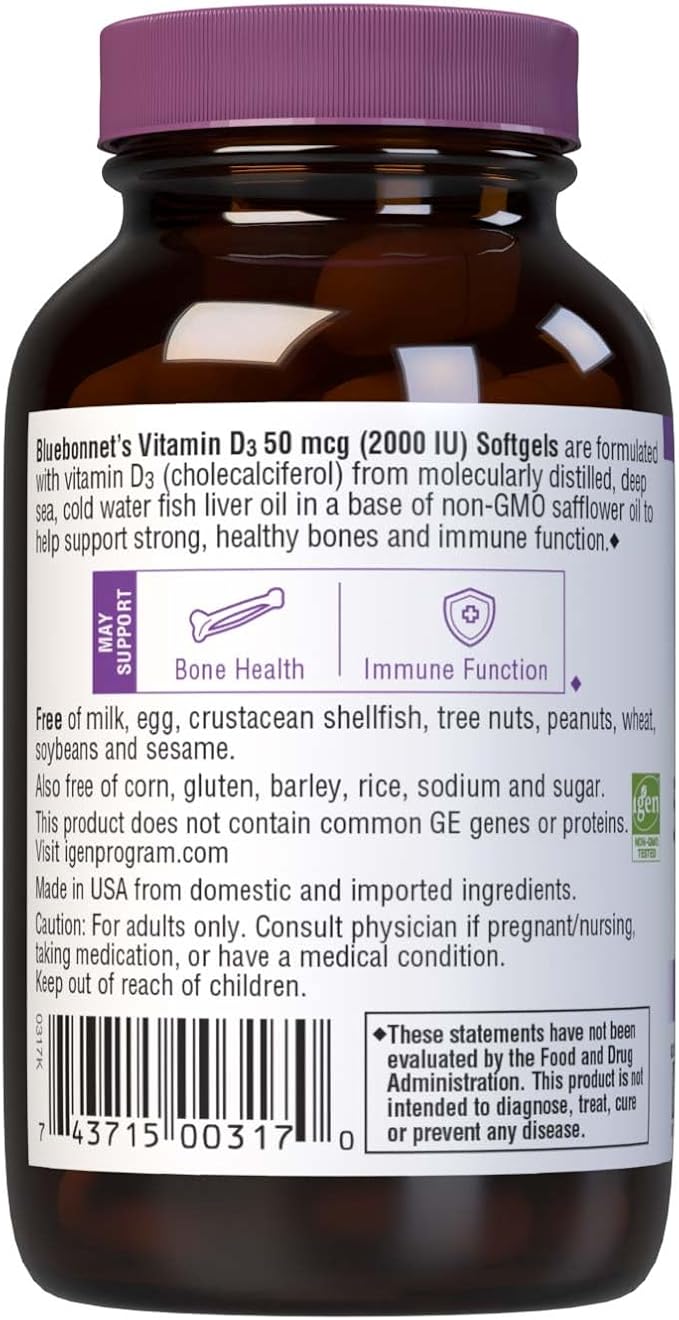 Bluebonnet Vitamin D3 2000 IU Vegetable Capsules, 100 Count (Pack of 1)