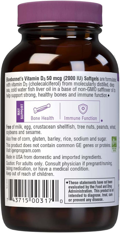 Bluebonnet Vitamin D3 2000 IU Vegetable Capsules, 100 Count (Pack of 1)