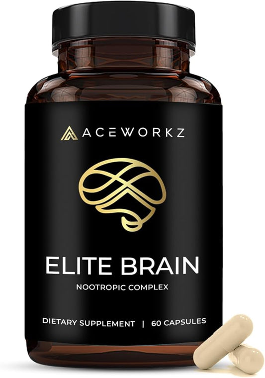 ACEWORKZ Elite Brain - Nootropic Brain Supplement for Focus, Memory, & Mental Clarity - ALCAR, Lions Mane, ALA, L-Theanine, Vitamin B Complex - Natural Energy, Caffeine-Free (60 Capsules)