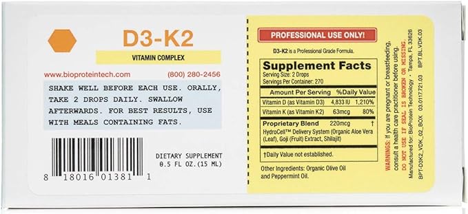 D3-K2 by BioProtein Technology - Liquid Sublingual Vitamin D3 / K2 ) 0.5 oz