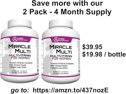 Hybrid Nutraceuticals MiracleMulti Women Multivitamin with Probiotics, Biotin, Folic Acid, Enzymes + Fruit & Vegetable Blend - Immune Support, Heart Health, Energy: 60 Servings (Non-GMO)