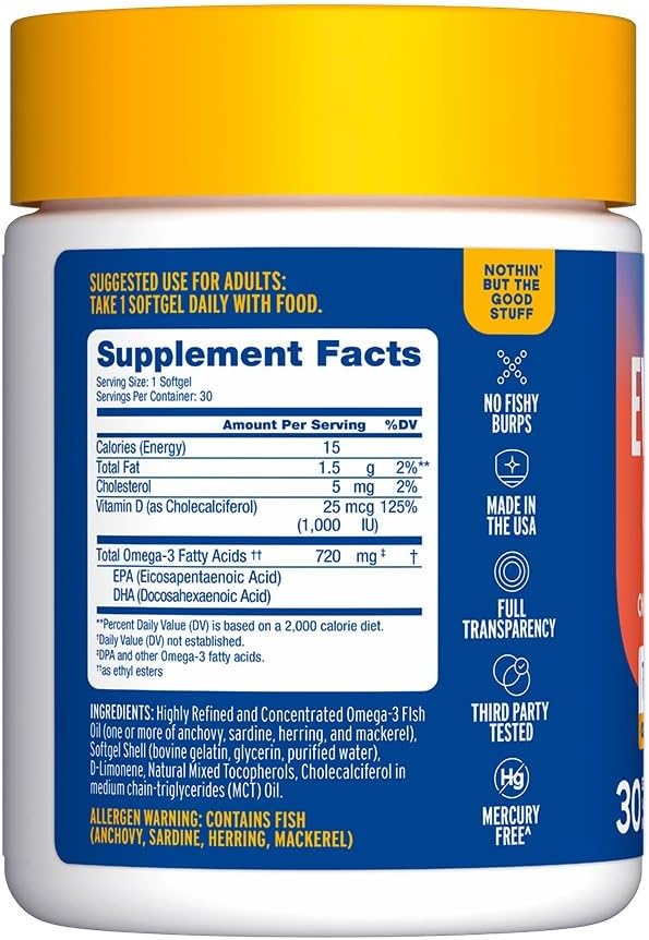 Oceanblue Essentials Everyday Omega 3 – 30 Softgels, 1 Month Supply – 720 mg of Burpless Fish Oil with 25mcg (1000IU) of Vitamin D3 – Heart and Immune Support – Molecularly Distilled – Orange Flavor