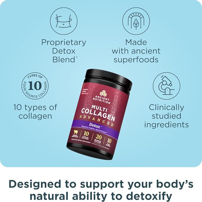 Ancient Nutrition Advanced Multi Collagen Protein Powder Cleanse & Detox, Unflavored, 36 Servings