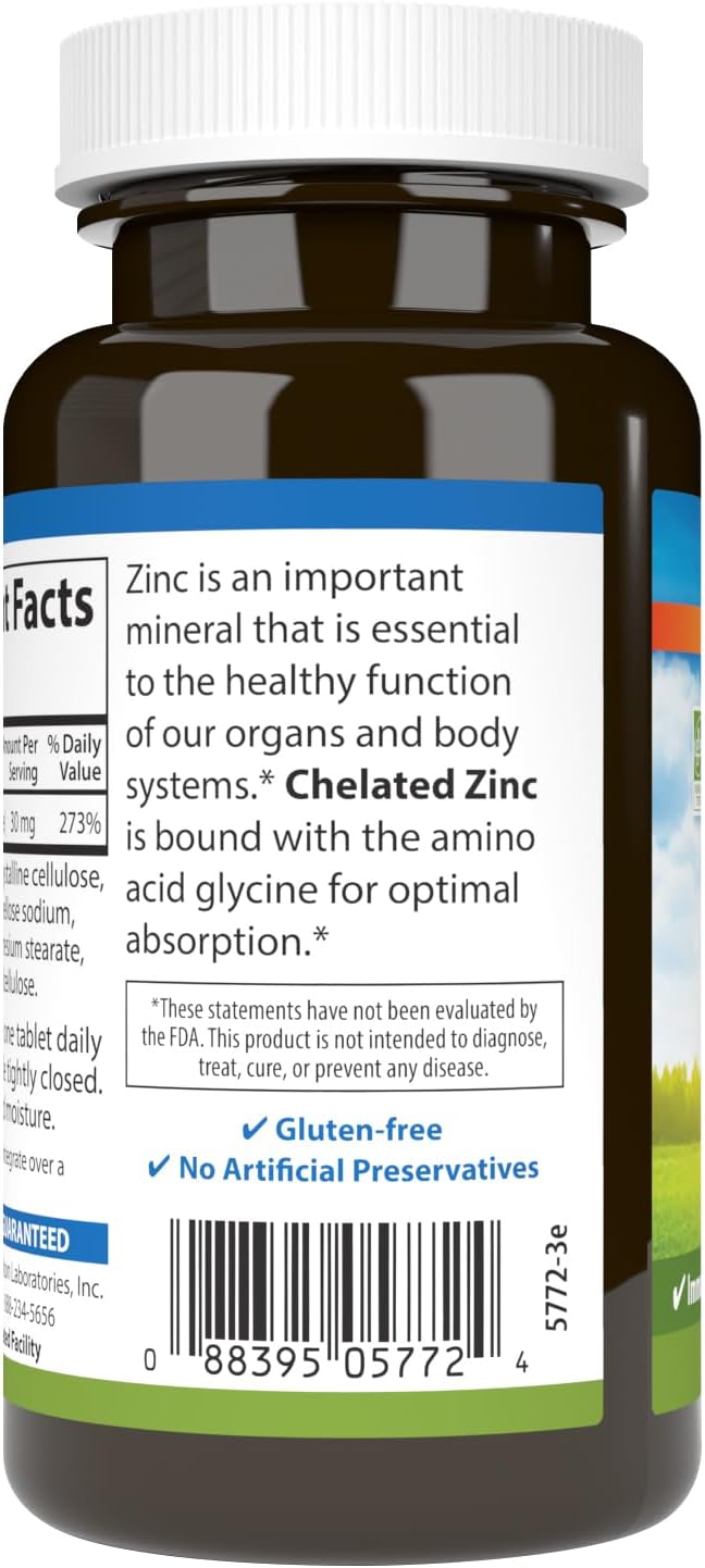 Carlson - Chelated Zinc, 30 mg, Chelated Zinc Supplement, Zinc Glycinate Chelate, Superior Absorption, Immune Support & Enzyme Function, Zinc Tablets, Antioxidant, 250 Tablets