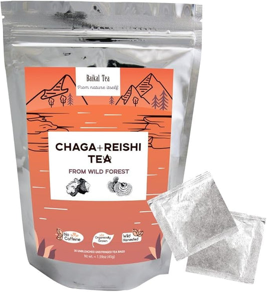 Chaga Reishi Tea Wild Chaga Tea with Reishi - 30 Unbleached Tea Bags - Ganoderma Lingzhi Mushroom Supplement Tea with Wild Chaga