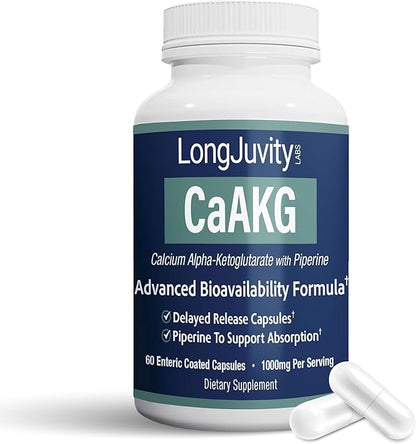 LongJuvity Calcium Alpha-Ketoglutarate AKG Supplement (1,000mg Per Serving) - Gut Heath, Bone Health, Anti Aging & Longevity - Independently Lab Tested (60 Enteric Coated Capsules)