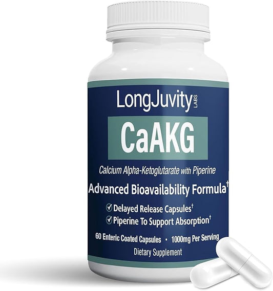 LongJuvity Calcium Alpha-Ketoglutarate AKG Supplement (1,000mg Per Serving) - Gut Heath, Bone Health, Anti Aging & Longevity - Independently Lab Tested (60 Enteric Coated Capsules)