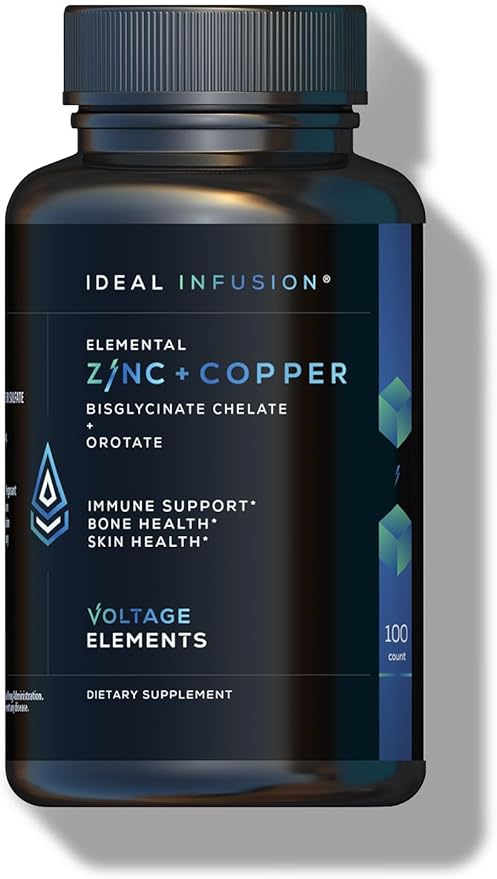Voltage Elements Zinc Orotate + Bisglycinate Chelate 245mg with Copper: Muscle & Bone Health - Elemental Zinc 50mg (100 Servings) Vegan