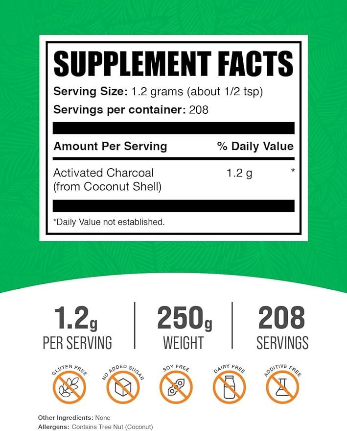 BulkSupplements.com Activated Charcoal Powder - from Coconut Charcoal, for Teeth Whitening - Vegan & Gluten Free, 1.2g per Serving, 250g (8.8 oz) (Pack of 1)