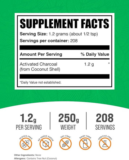 BulkSupplements.com Activated Charcoal Powder - from Coconut Charcoal, for Teeth Whitening - Vegan & Gluten Free, 1.2g per Serving, 250g (8.8 oz) (Pack of 1)
