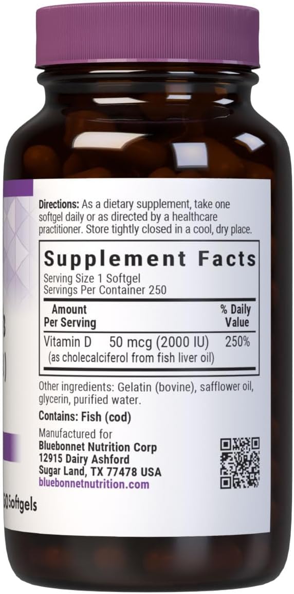 Bluebonnet Nutrition Vitamin D3 2000 IU50 mcg High Potency Immune Support, High Absorption Cold-Water Fish Liver Oil & Plant-Based Non-GMO Safflower Oil, Support Strong Bone, Gluten-Free, 250 Softgels