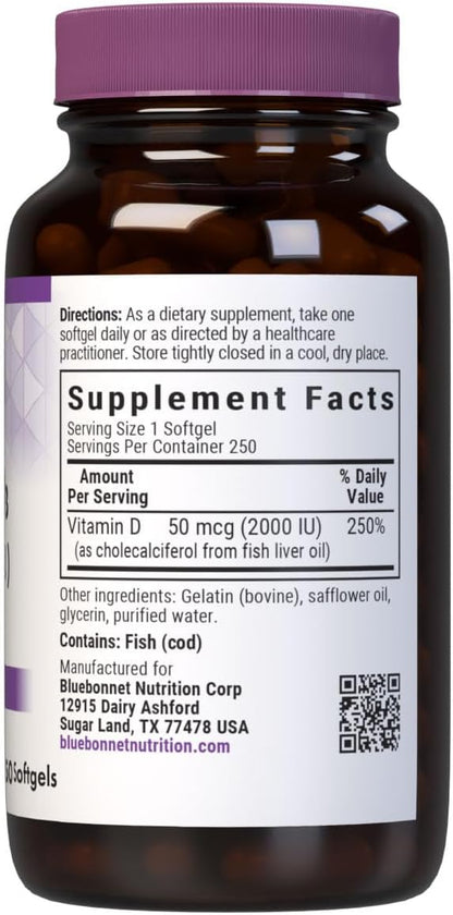 Bluebonnet Nutrition Vitamin D3 2000 IU50 mcg High Potency Immune Support, High Absorption Cold-Water Fish Liver Oil & Plant-Based Non-GMO Safflower Oil, Support Strong Bone, Gluten-Free, 250 Softgels