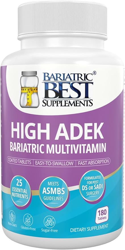 High A D E K Bariatric Multivitamin for Post DS/SADI Surgery, 25 Essential Nutrients for Post-Weight Loss Surgery, 180 Tablets, Meets ASMBS Guidelines for Bariatric Bypass
