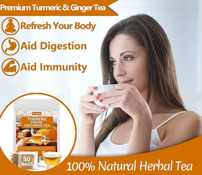 50 Premium Turmeric, Ginger, Cinnamon Blend Tea Bags, 100% Natural & No Additives & Caffeine Free.
