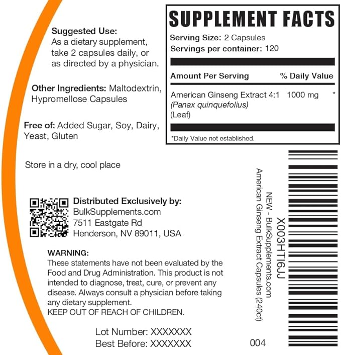 BulkSupplements.com American Ginseng Capsules - American Ginseng Extract, Ginseng Herbal Supplement - Vegan, 2 Capsules per Serving, 240 Veg Capsules (Pack of 1)