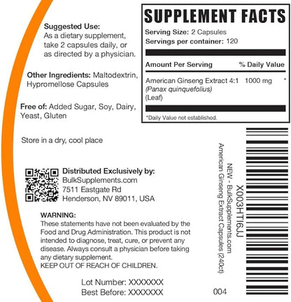 BulkSupplements.com American Ginseng Capsules - American Ginseng Extract, Ginseng Herbal Supplement - Vegan, 2 Capsules per Serving, 240 Veg Capsules (Pack of 1)