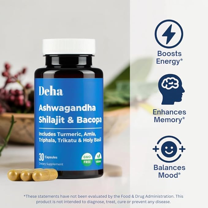 Ashwagandha Shilajit Bacopa Capsules Stress Support, Cognitive Support, Digestive Health with Turmeric, Amla & Triphala – GMP Certified, Non-GMO, Vegan – 30 Count