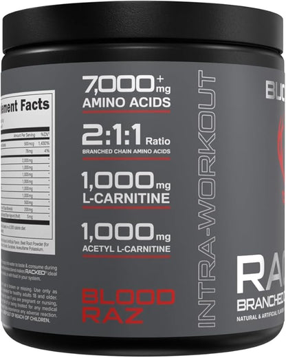 Bucked Up- BCAA RACKED™ Branch Chained Amino Acids | L-Carnitine, Acetyl L-Carnitine, GBB | Post Workout Recovery, Protein Synthesis, Lean Muscle BCAAs That You Can Feel! 30 Servings (Blood Raz)