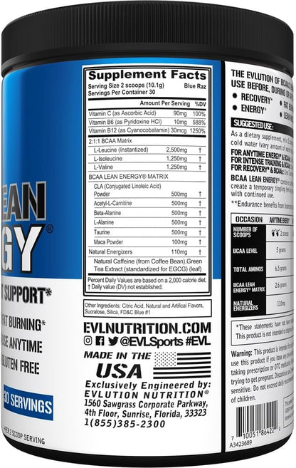 EVL BCAA Lean Energy Powder - Pre Workout Green Tea Fat Burner Support with BCAAs Amino Acids and Clean Energizers - Post Workout Recovery Drink for Lean Muscle Recovery - Blue Raz