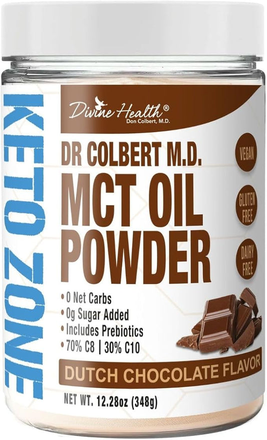 Divine Health Dr. Colbert's Keto Zone MCT Oil Powder | Dutch Chocolate Flavor | 70% C8 | 30% C10 | All Natural Keto Approved for Ketosis | 0 Net Carbs | Gluten Free | 30 Day Supply | 348g |