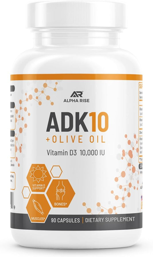 ADK 10 Vitamin Supplement + Olive Oil for Better Absorption - with Vitamins A + D3 (10,000 iu) + K2 (MK7+MK4) - 90 Capsules - Vegetarian - Non-GMO