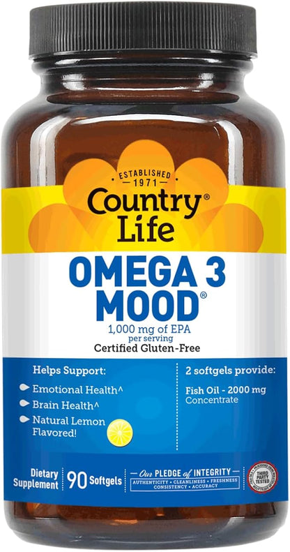 Country Life Omega 3 Mood, 2000mg Fish Oil with EPA & DHA, 90 Softgels, Certified Gluten Free