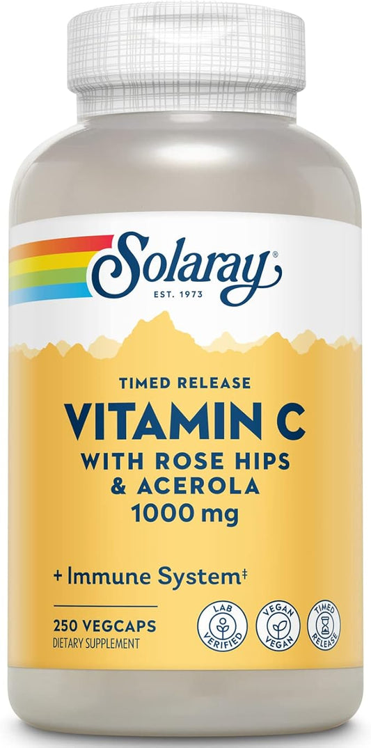 SOLARAY Vitamin C with Rose HIPS & Acerola | Two-Stage Timed-Release Formula | 1000mg | 24-Hour Immune Support & Antioxidant Supplement | 250 Ct.