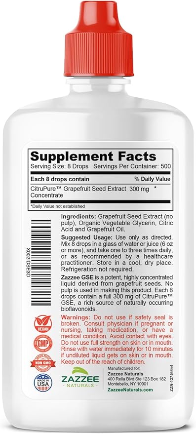 Zazzee GSE, 3X Triple Strength, 4 Ounces, 500 Servings, 300 mg per Serving, Premium Liquid Grapefruit Seed Extract Concentrate with Bioflavonoids, Vegan, Gluten Free, All-Natural, Made in The USA