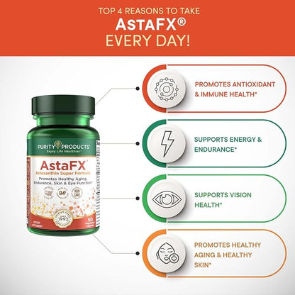 Purity Products AstaFX Astaxanthin Antioxidant Super Formula from Clinically Tested 4 mg AstaREAL with Tocotrienols (Vitamin E) + BioPerine Black Pepper + Piperine - 60 Vegetarian Caps