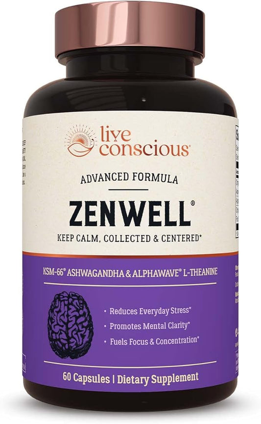 Live Conscious KSM-66 Ashwagandha Supplement w/L Theanine & AlphaWave - ZenWell Everyday Stress Relief, Cognitive, Brain Health - Ashwagandha for Men & Women - 60 Capsules