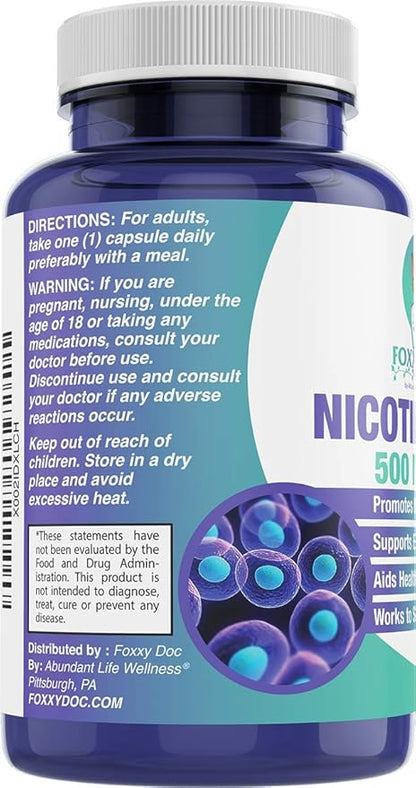 Nicotinamide 500 mg - Vitamin B3 – Energy; Cell & Skin Health. Value Priced - Flush-Free - 120 Veggie Caps by Foxxy Doc
