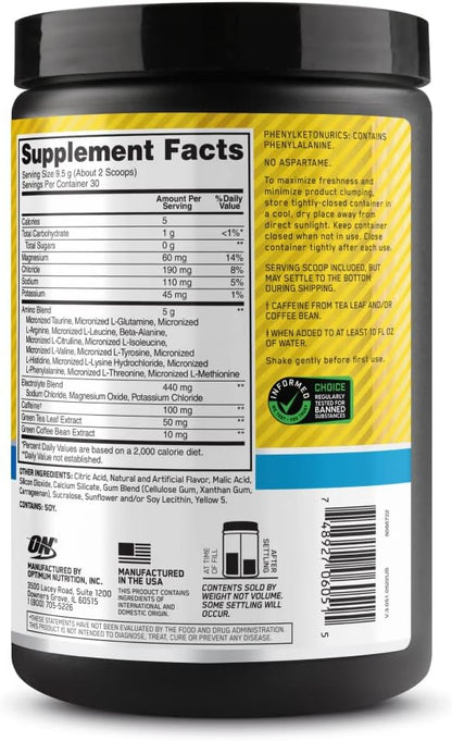 Optimum Nutrition Amino Energy Powder Plus Hydration, with BCAA, Electrolytes, and Caffeine, Pineapple Twist, 30 Servings (Packaging May Vary)