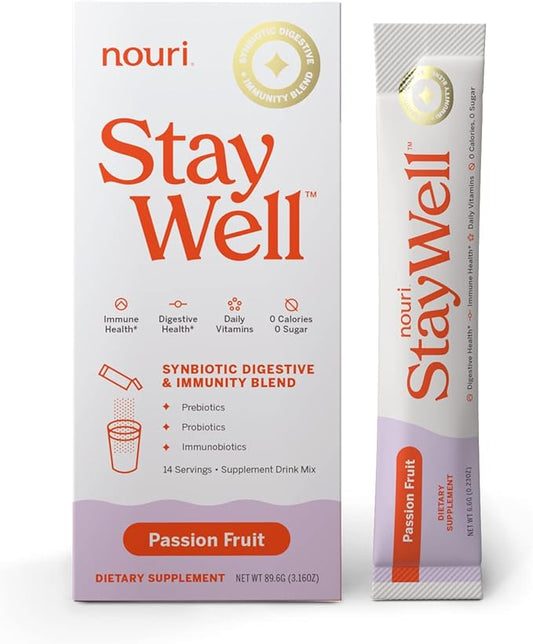 Nouri Daily StayWell Passion Fruit Drink Mix | Probiotics, Prebiotics, Colostrum, L-Glutamine, Vitamins D & B12, Magnesium, Manganese & Zinc for Gut Health, Digestion & Immunity | 14 Stick Packs