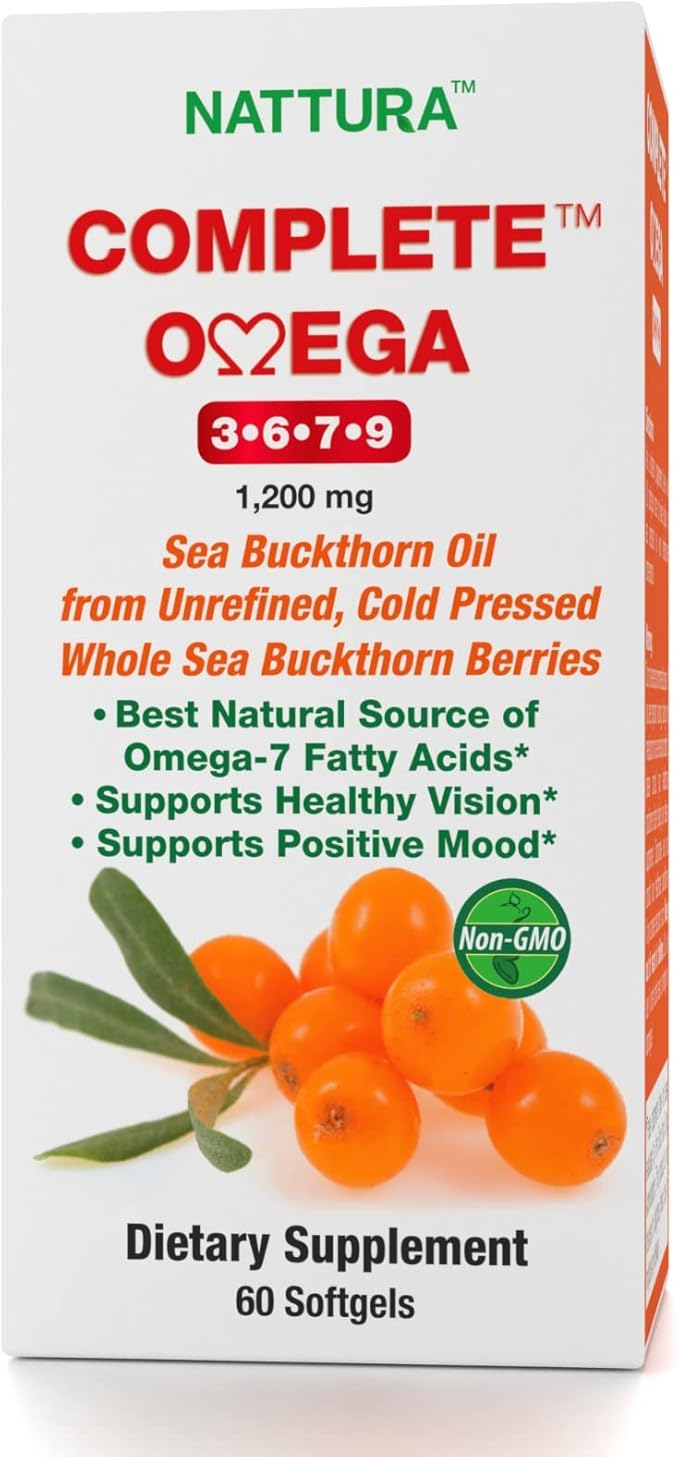Nattura Complete Omega 3-6-7-9, Pure Sea Buckthorn Oil, European Quality, from Unrefined, Cold Pressed Whole Sea Buckthorn Wild Berries - Non-GMO, Certified Kosher, Gluten-Free 1 Bottle - 60 Capsules