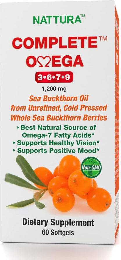 Nattura Complete Omega 3-6-7-9, Pure Sea Buckthorn Oil, European Quality, from Unrefined, Cold Pressed Whole Sea Buckthorn Wild Berries - Non-GMO, Certified Kosher, Gluten-Free 1 Bottle - 60 Capsules