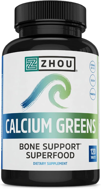 Zhou Nutrition Calcium Greens, Bone Support Superfood, Calcium Magnesium Supplement from Algae, Vitamin D3 K2, 1300mg of Calcium, 120 Tablets
