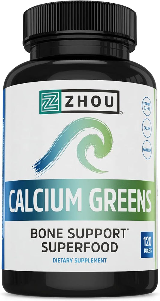 Zhou Nutrition Calcium Greens, Bone Support Superfood, Calcium Magnesium Supplement from Algae, Vitamin D3 K2, 1300mg of Calcium, 120 Tablets