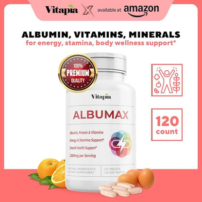 Albumin Supplement with Vitamin B Complex, Amino Acids, Egg White & Whey Protein Powder - Energy, Stamina, Immune, Wellness Support - 120 Tablets, Non-GMO, Gluten-Free