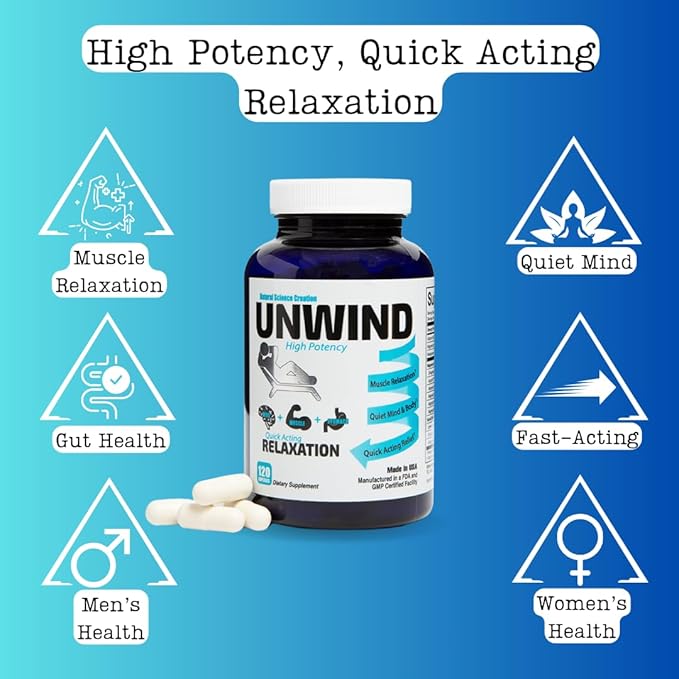 Unwind - Advanced Relaxation Supplement, Max Strength Elemental Magnesium, Lemon Balm, Primavie Shilajit, Ginger - 120 Capsules - Made in USA