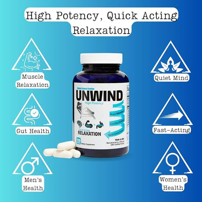Unwind - Advanced Relaxation Supplement, Max Strength Elemental Magnesium, Lemon Balm, Primavie Shilajit, Ginger - 120 Capsules - Made in USA
