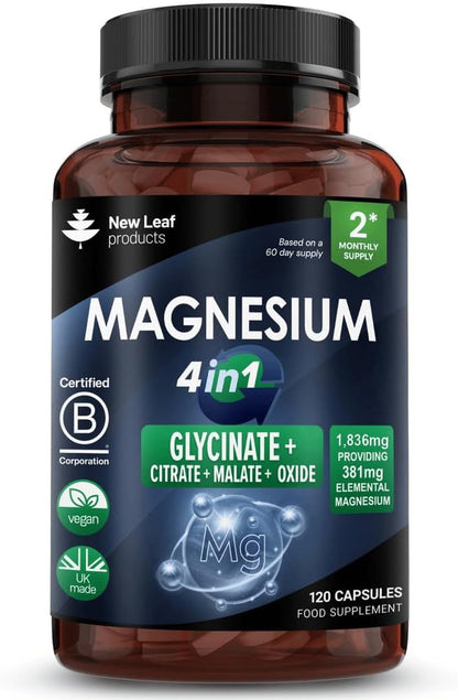 Magnesium Glycinate 4-in-1 Complex 2000mg - 449mg Elemental Magnesium High Strength Magnesium Supplements - Magnesium Bisglycinate,Citrate, Malate, Oxide - 120 Capsules - Vegan UK Made by New Leaf